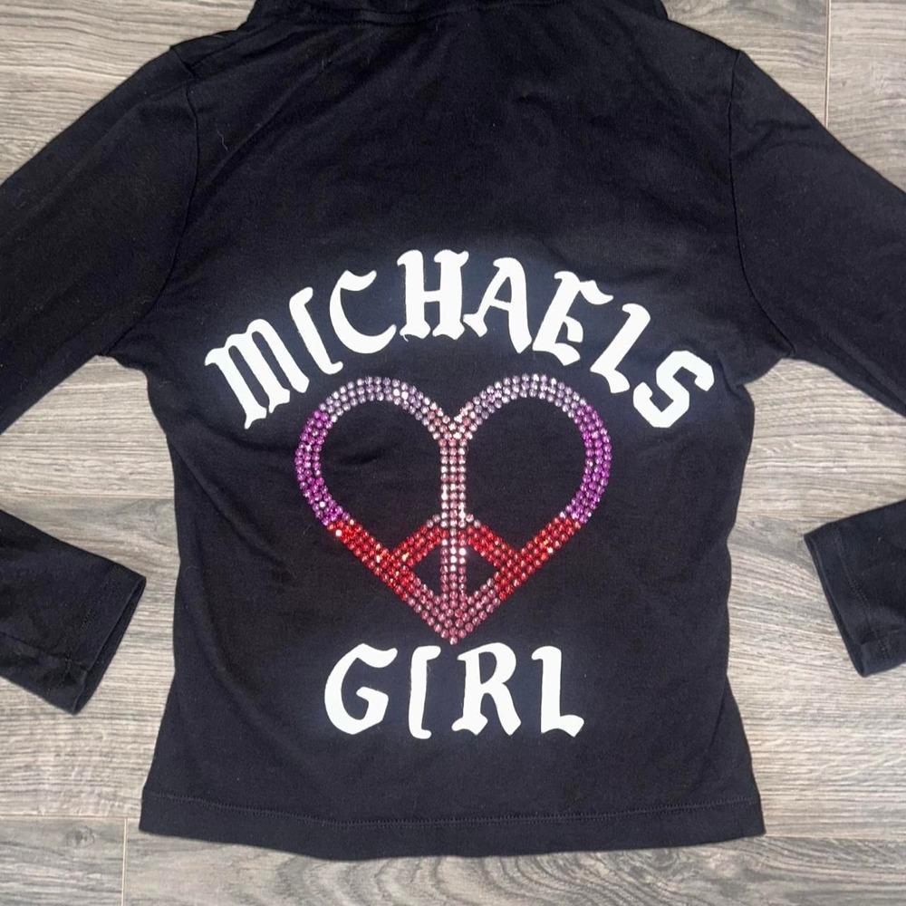 Y2K 2000s 100% cotton Womens Black Full Zip Hoodie L Peace Rhinestone - Picture 2 of 8